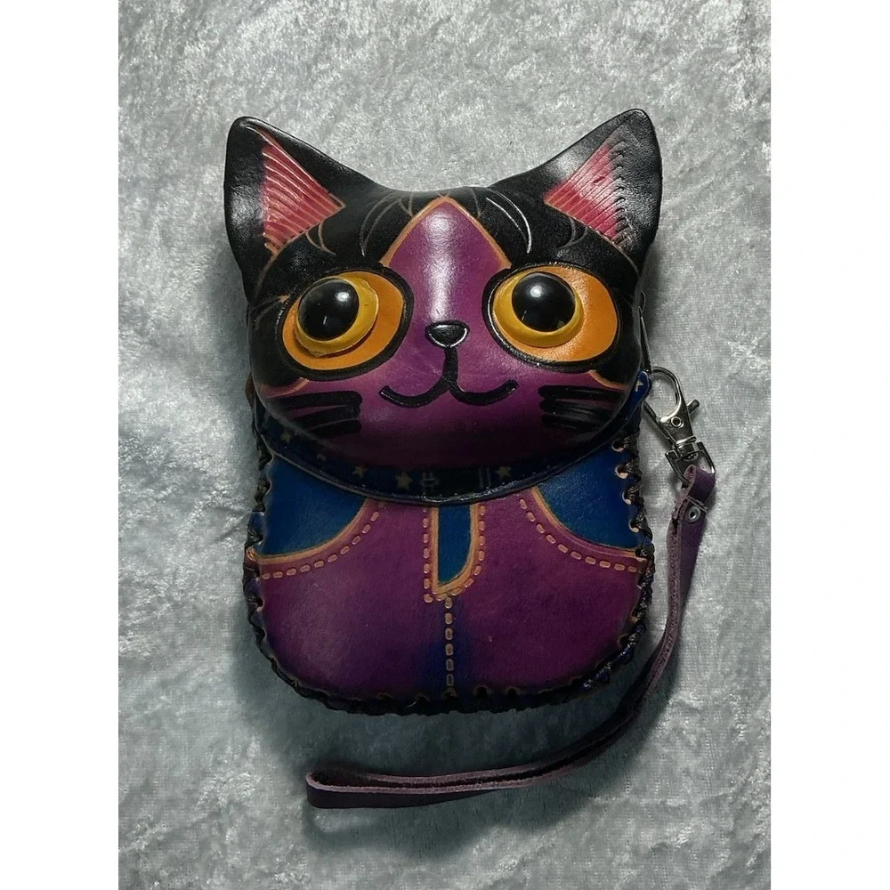 Hand Painted Leather 3D Cat Coin Purse Wristlet Purple Whimsical Kitty Zipper